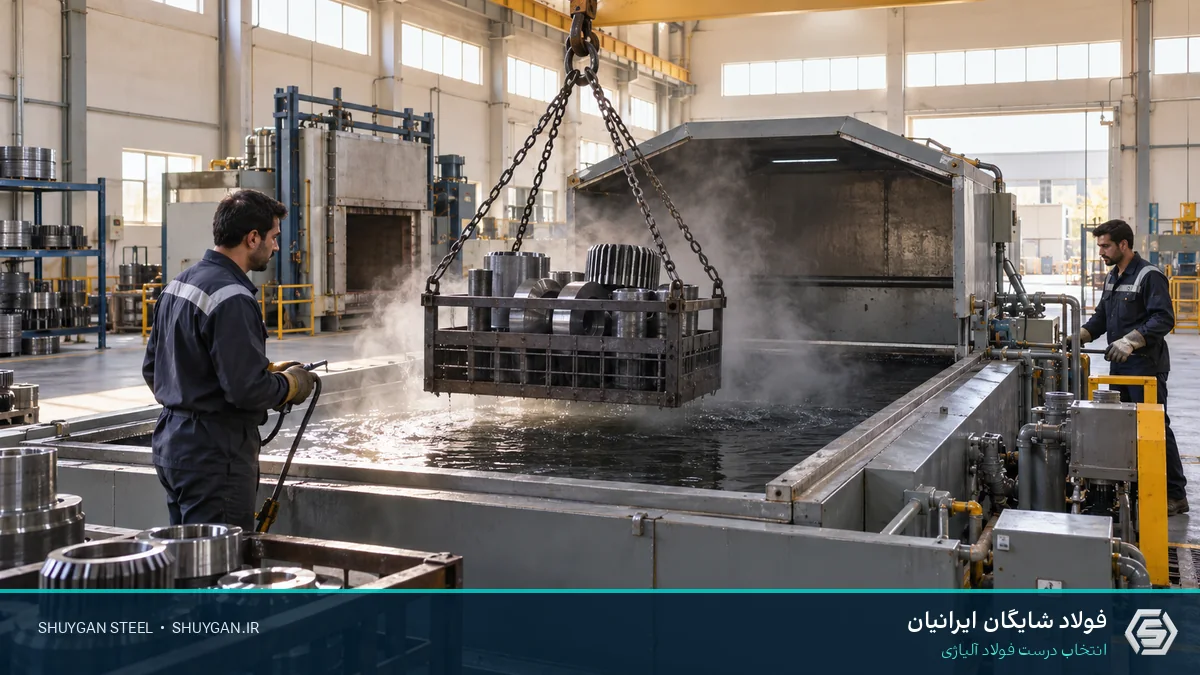 صحنه صنعتی ایرانی مرتبط با کوئنچ روغن و کنترل مقاطع فولادی